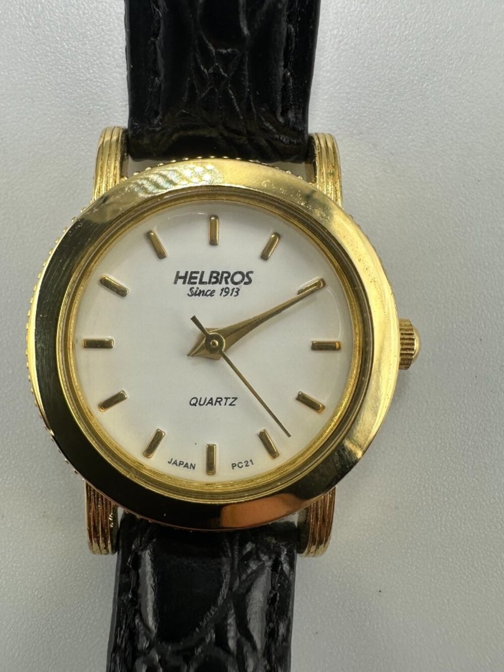 Helbros Watch Women Gold Tone Small 24MM Round Dial Black Band New Battery 8"